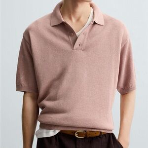 Zara Men's Dusty Pink Terry Short-Sleeve Polo
